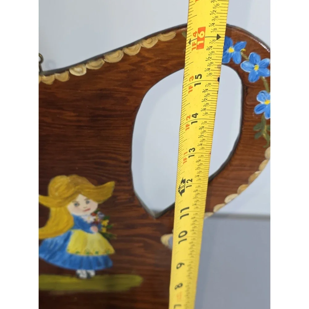 Vintage Hand Painted Wooden Wall Shelf Rack Folk Art Girl Floral Hanging Display